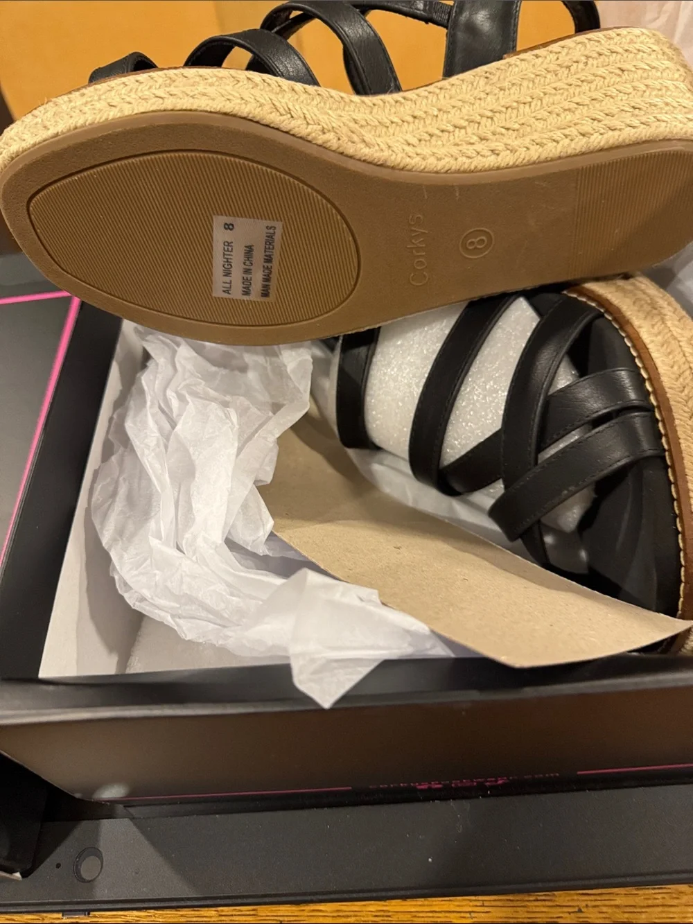 Corkys Black Strappy Espadrille Wedge Sandals